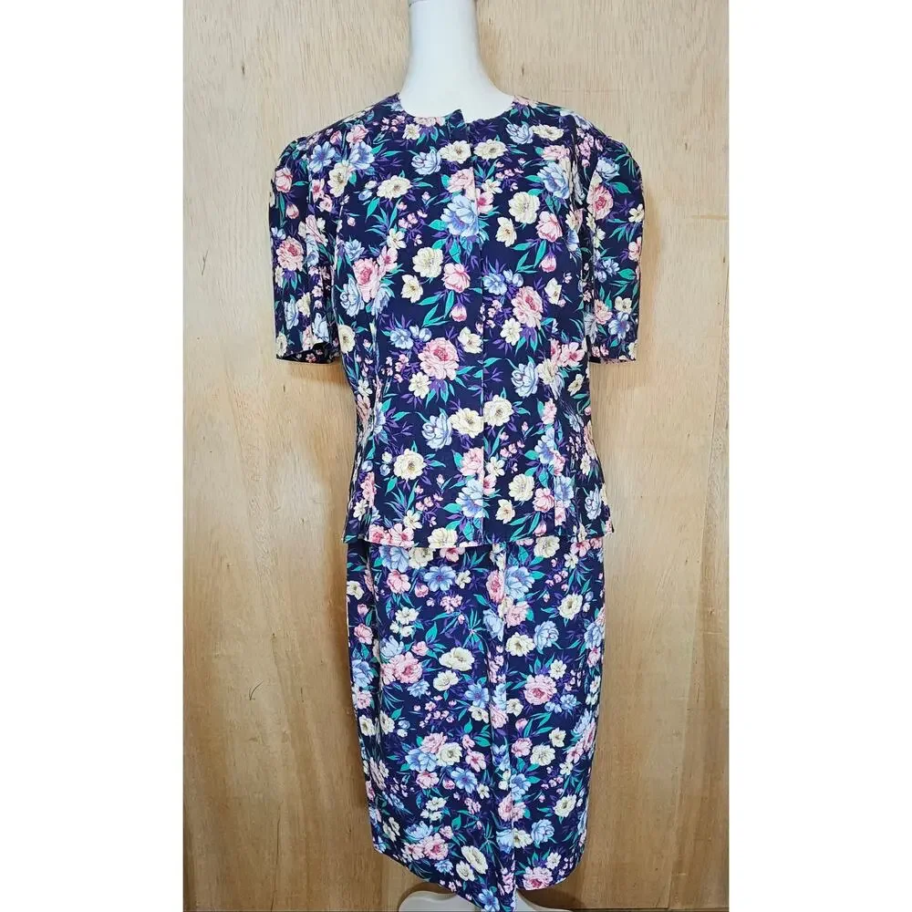Periwinkle‎ Vintage 80s/90s Navy Blue Floral Skirt Set Made In U.S.A. Size 12